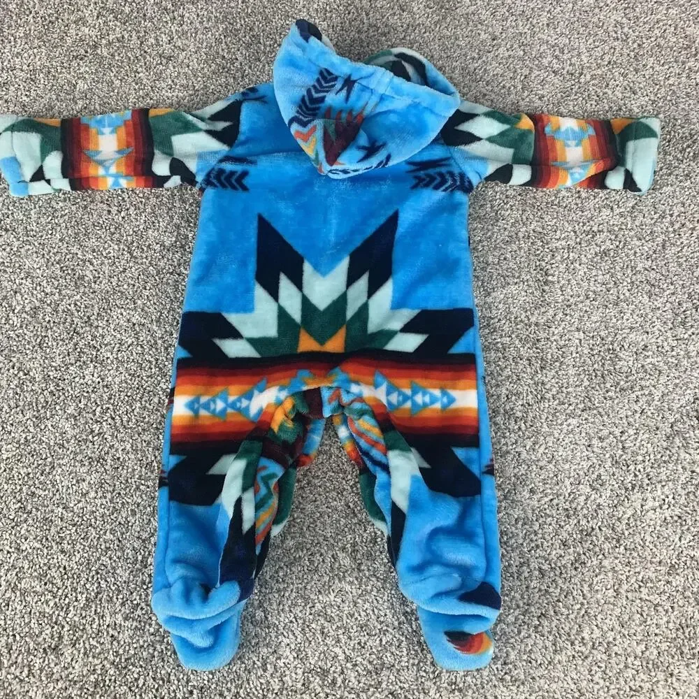 Southwestern Infant One Piece Blue Fleece Hooded Footed Aztec
